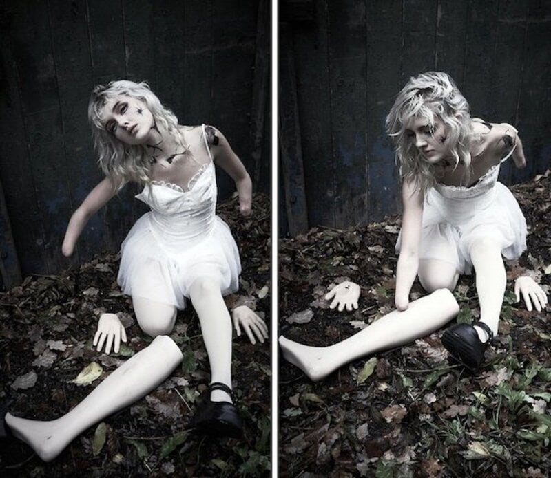 Two black-and-white photos of a woman in a white dress sitting on the ground among leaves, posing in.