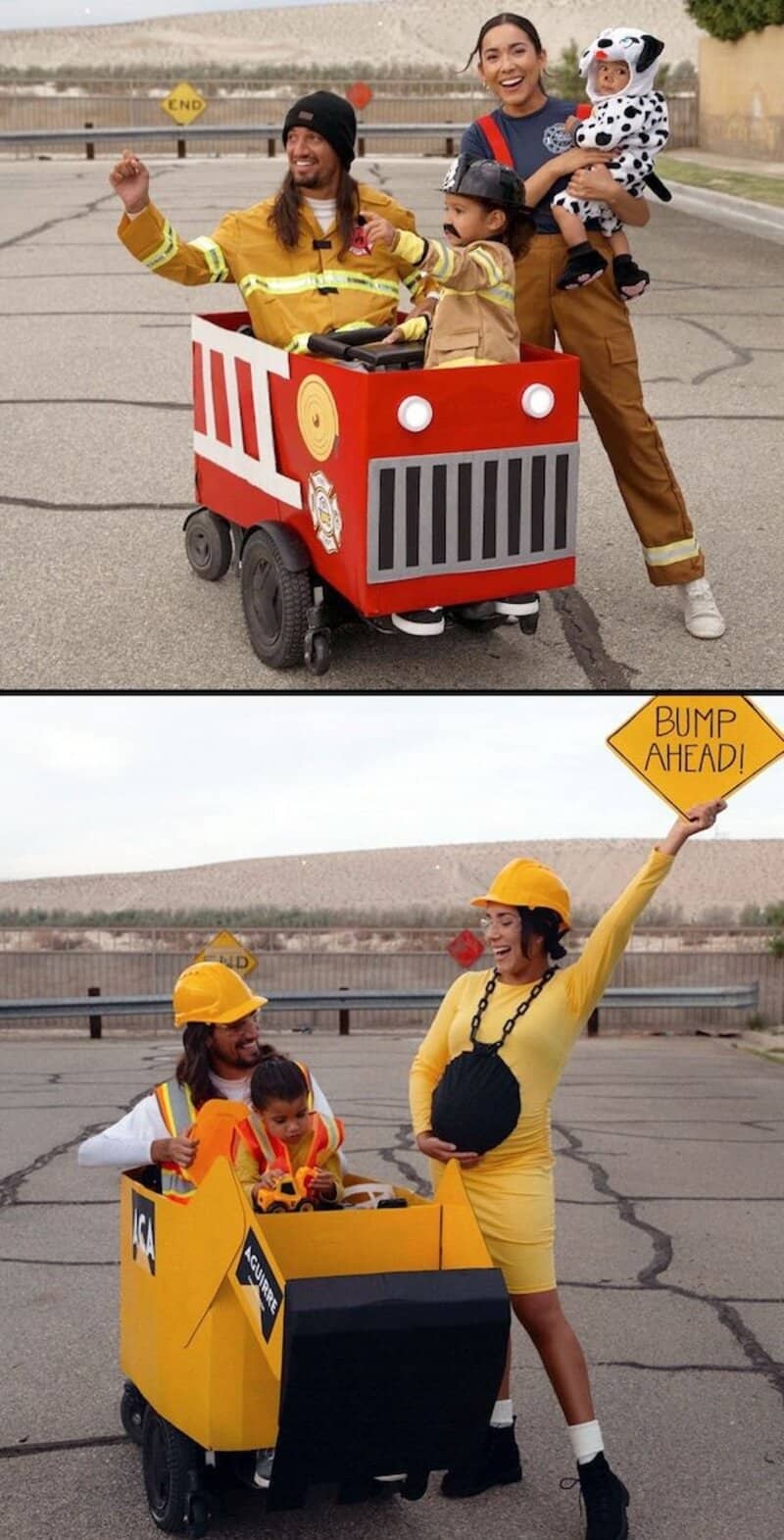 People in colorful costumes ride a red cardboard fire truck and a yellow truck, with a woman in a be.