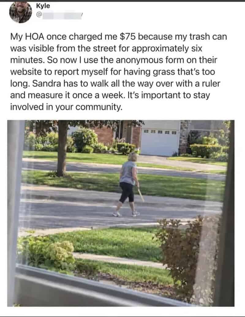 Woman walking with a ruler in a suburban neighborhood.