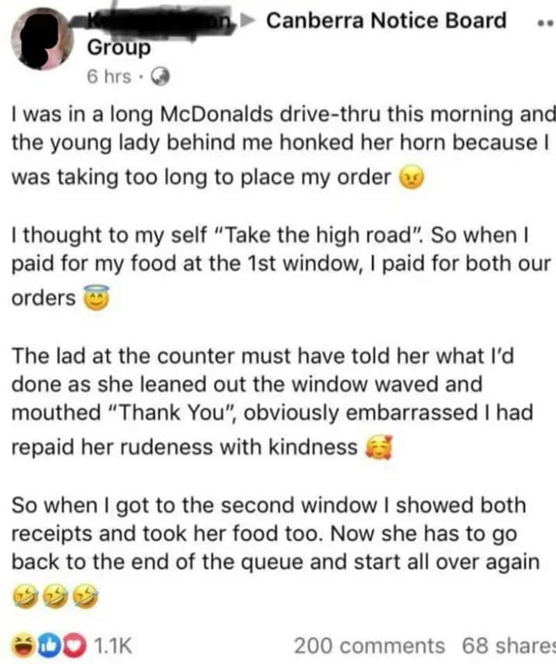 Man pays for both orders at McDonald's drive-thru, then shows receipts to lady at second window.