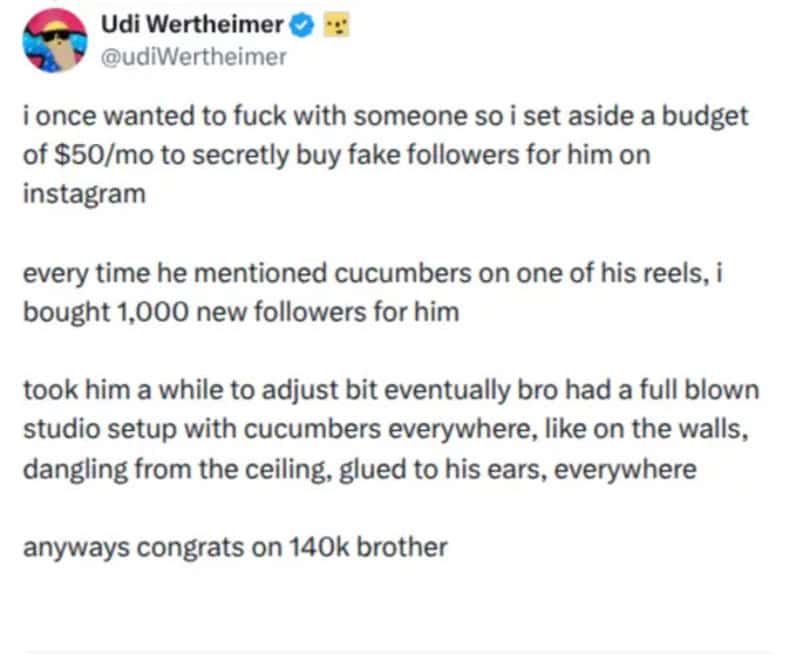 Humorous post about buying followers with cucumbers and studio setup.