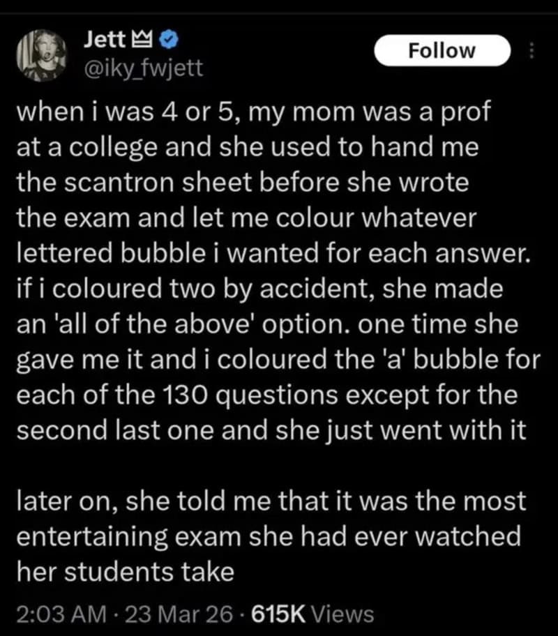Twitter post about a mom using a scantron sheet for coloring exam answers.