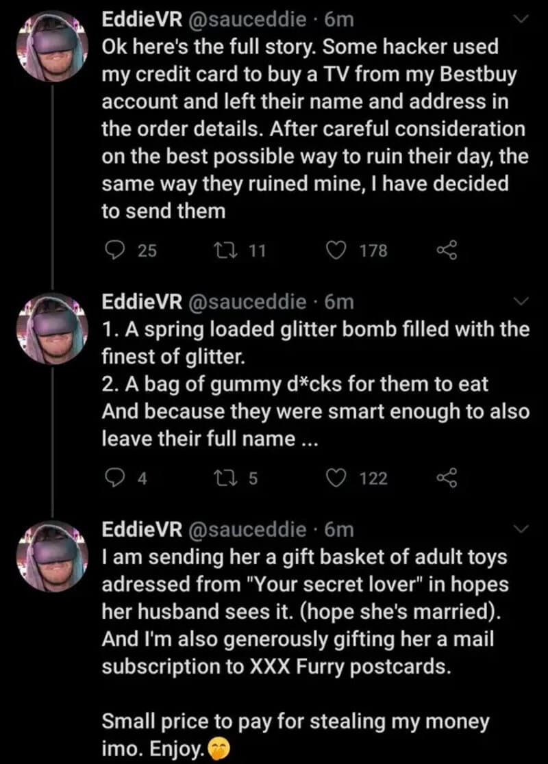 Screenshots of tweets by EddieVR about petty revenge plans.