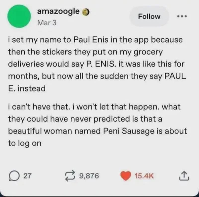 Screenshot of a social media post about changing name to Paul Enis to avoid stickers.