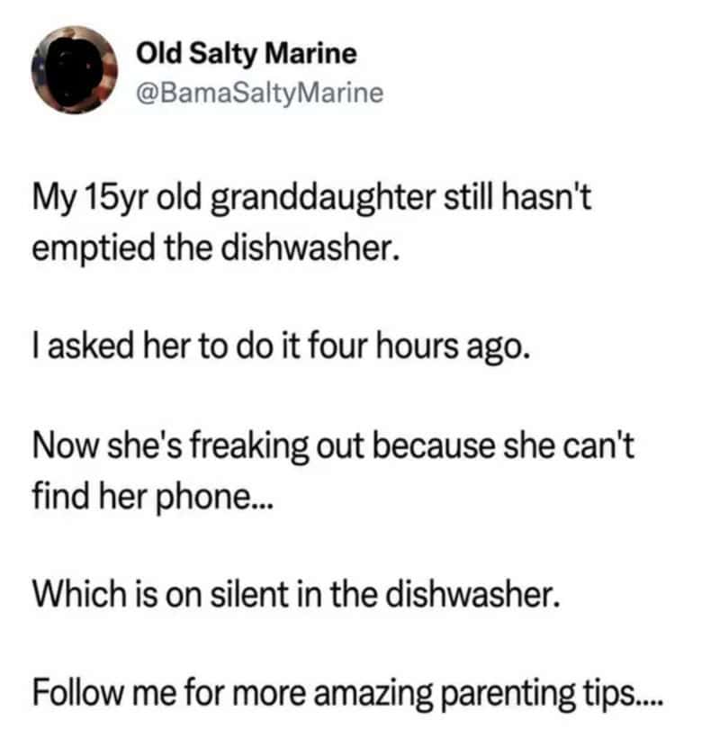 Old Salty Marine's tweet about granddaughter not emptying dishwasher, now panicking.