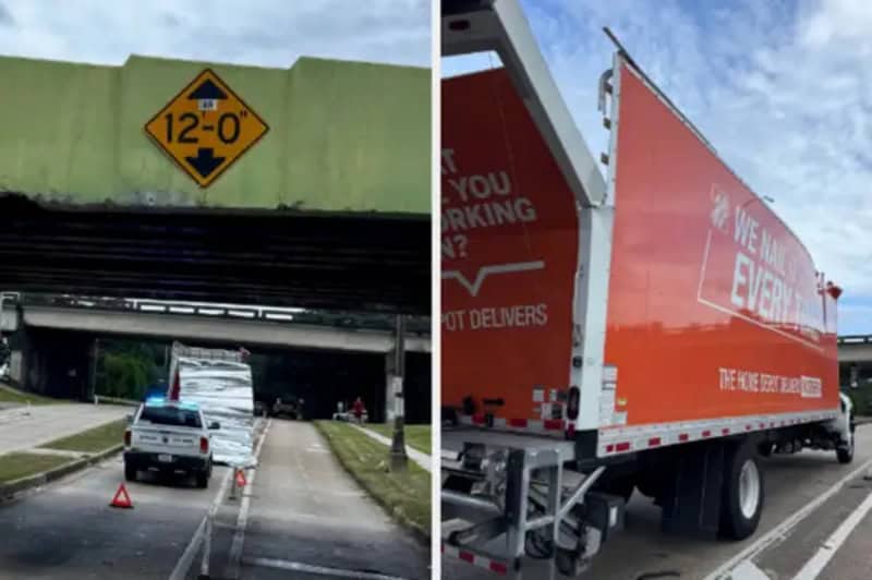 Car accident under bridge with a 12-0 height warning sign.