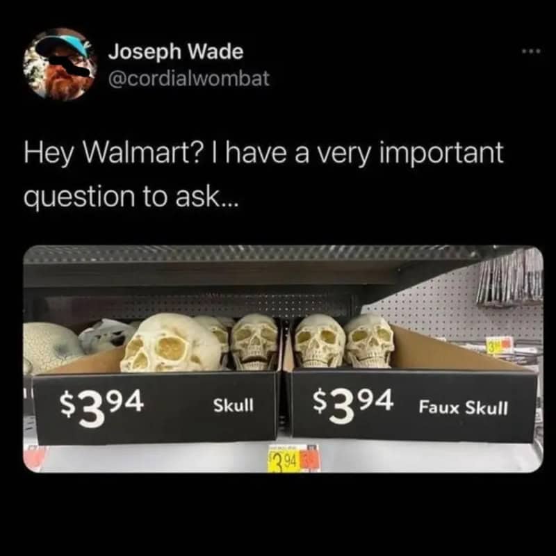 Hey Walmart? I have a very important question to ask... skulls labeled Faux Skull on shelves priced.