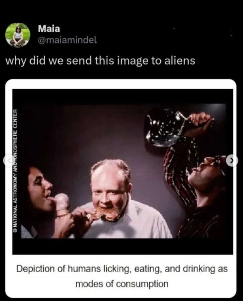 Depiction of humans licking, eating, and drinking as modes of consumption.