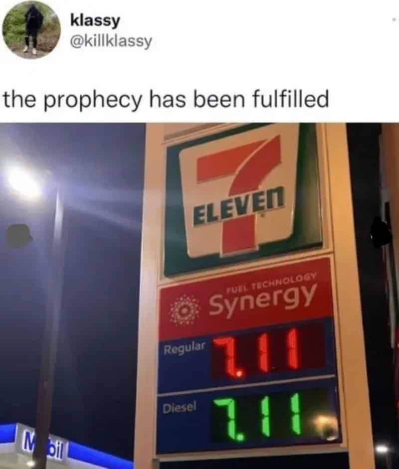 The image shows a 7-Eleven fuel pump display with two prices: Regular 7.11 and Diesel 7.11, as part,.