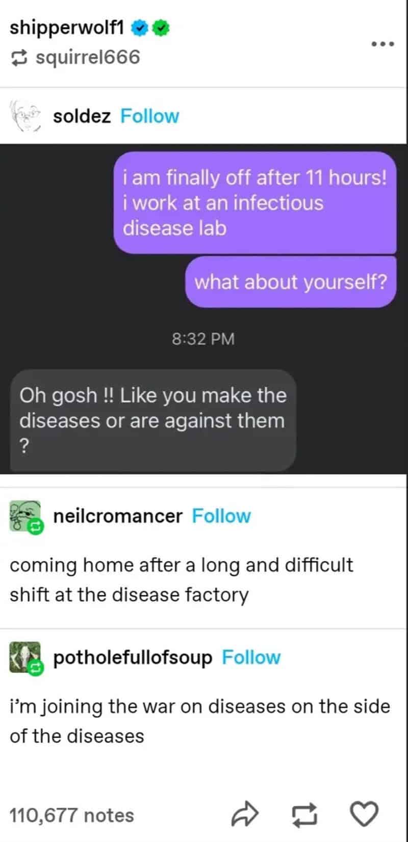 Text conversation screenshots about being off for 11 hours due to infectious disease lab work; a Q&A.