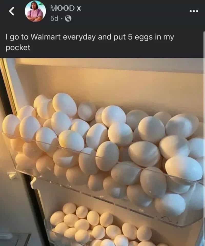 I go to Walmart everyday and put 5 eggs in my pocket; image shows a fridge with many白eg.