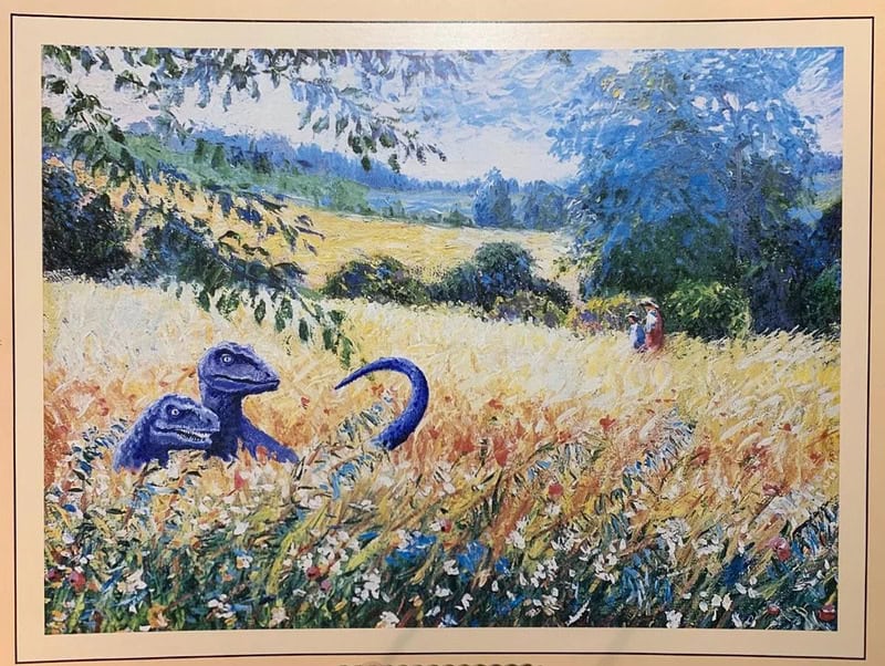 Repainted landscape painting of a field with two dinosaurs and a person in the background.