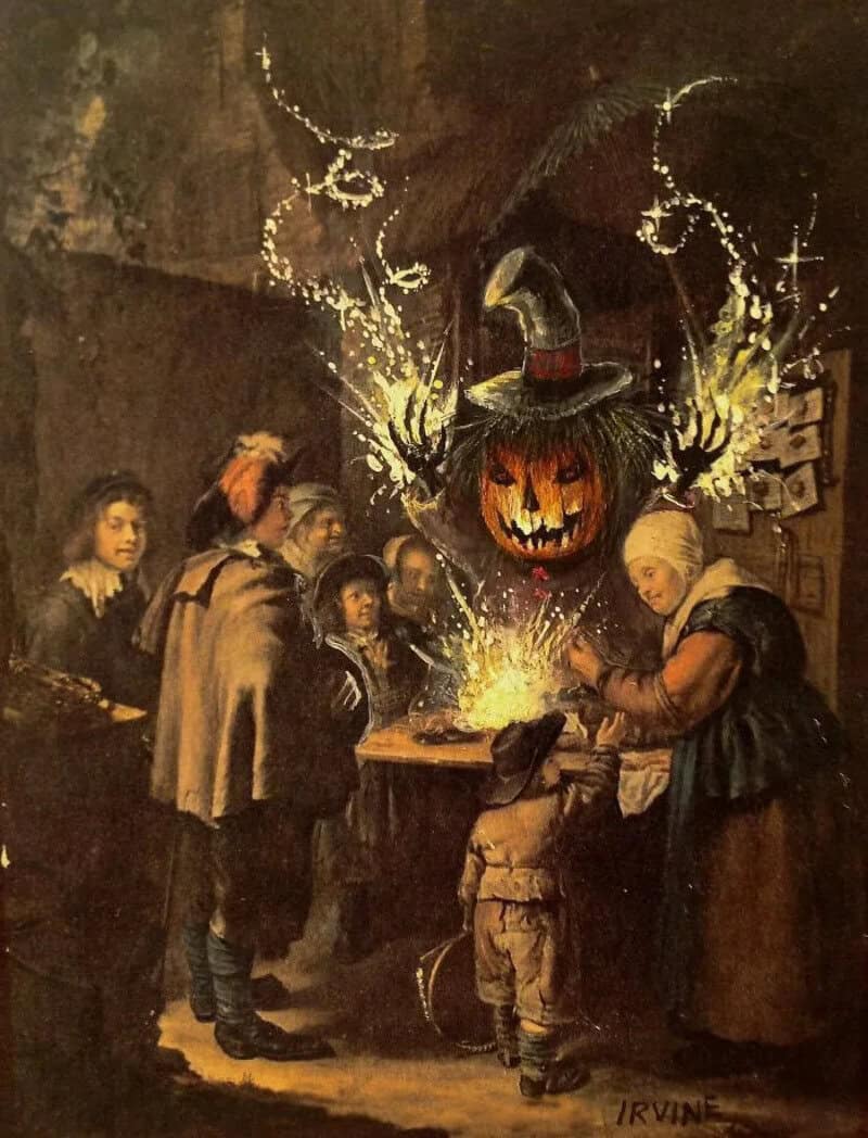Children gathered around a Halloween pumpkin with a witch hat, sparks flying.