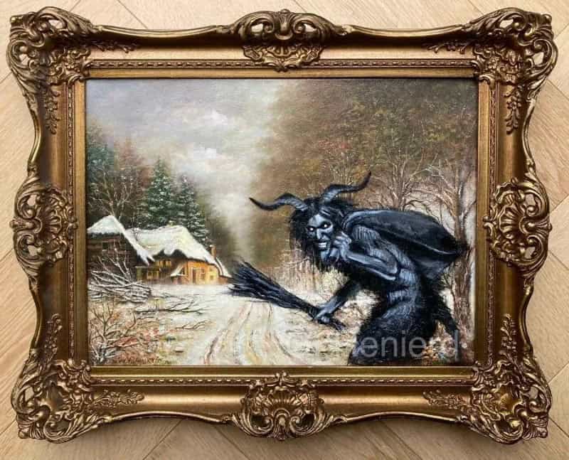 Painting of a horned creature with a broom in a snowy landscape.