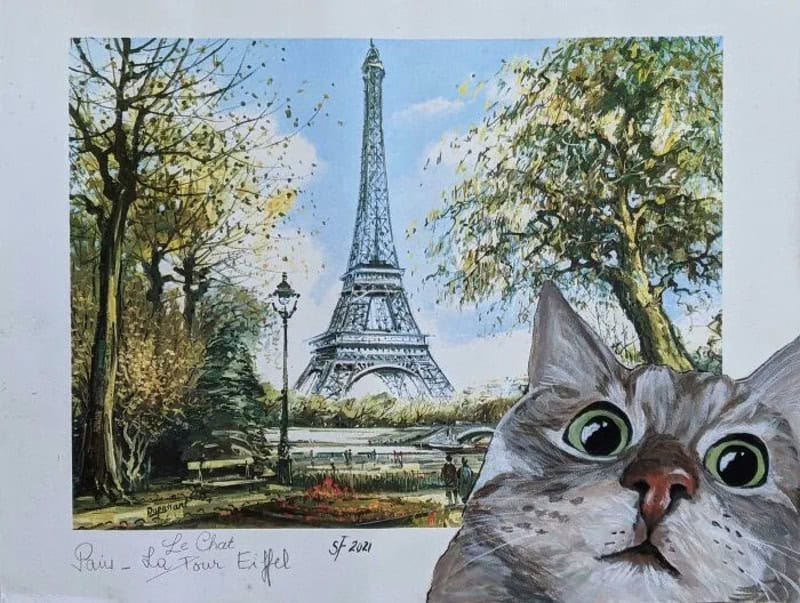 Painting of the Eiffel Tower with a cat in the foreground.