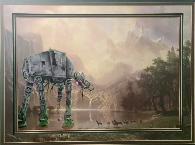 Painting of an AT-AT from Star Wars in a landscape with mountains and deer.