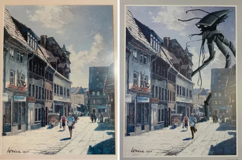 Two paintings of a street scene, one with a giant insect added in the second.