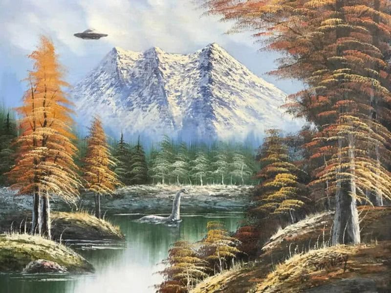 Repainted landscape with mountains, trees, lake, and UFO in sky.