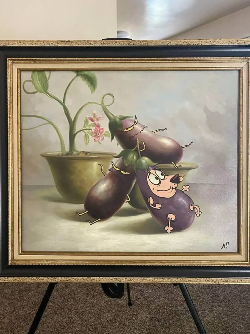 Painting of a potted plant with cartoonish bugs and a pig in a whimsical style.
