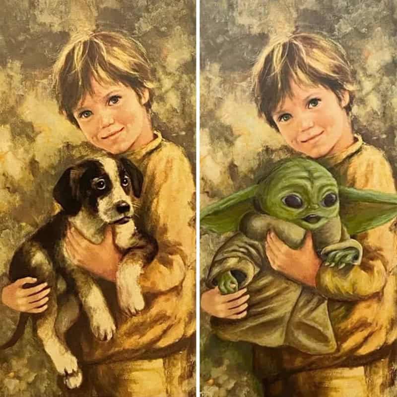 Repainted painting of a boy holding a dog on the left and a baby Yoda on the right.