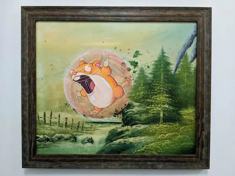 Painting of a forest with a cartoon hamster in a bubble in the sky.