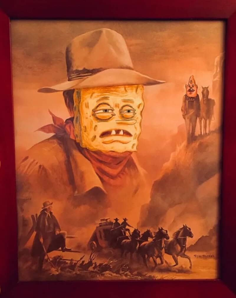 Painting of a character with a cheese head, cowboy hat, and bandana, with horses and a figure in the.