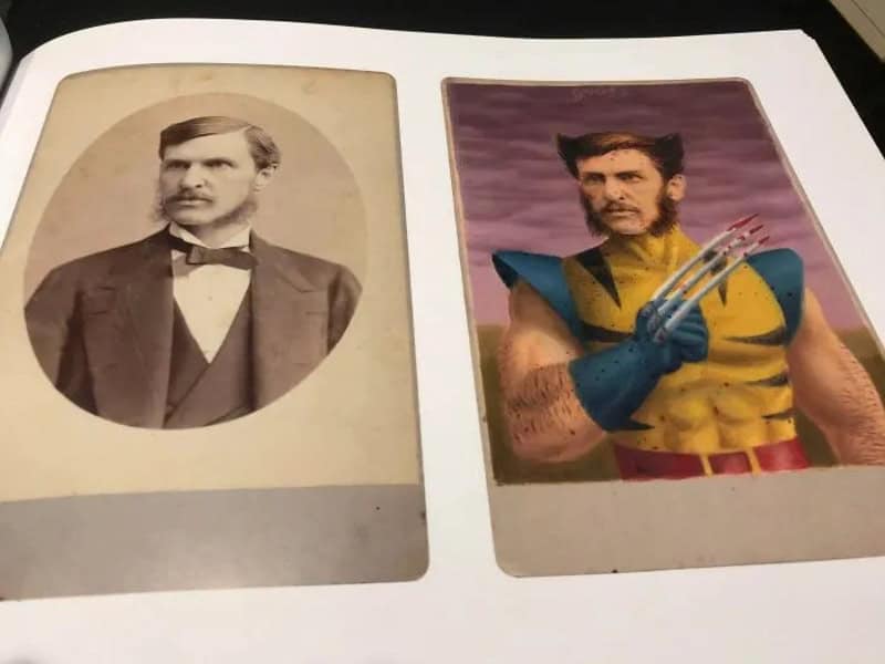 Comparison of a vintage black-and-white photo and a painted version of the same man as Wolverine.