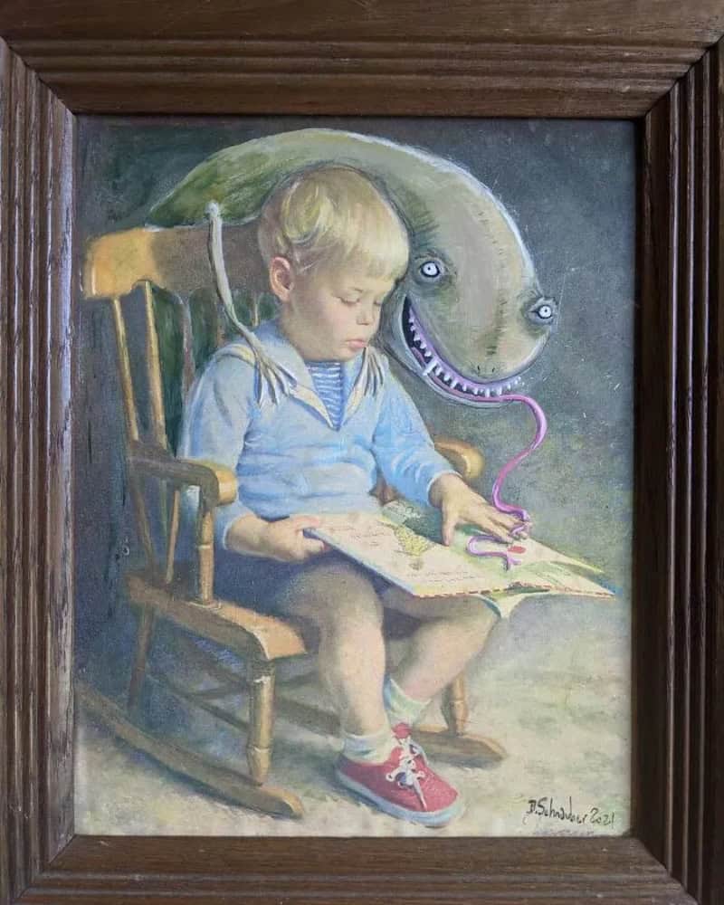Child reading a book with a monster behind, in a wooden frame.