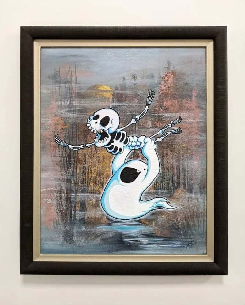 Painting of a skeleton riding a ghostly figure in a landscape with a sunset.
