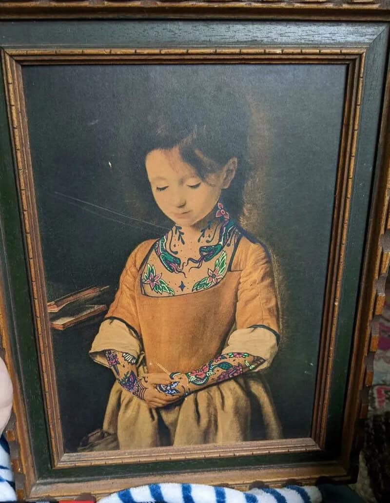 Painting of a young girl with tattoos on her arms and neck, wearing a brown dress.