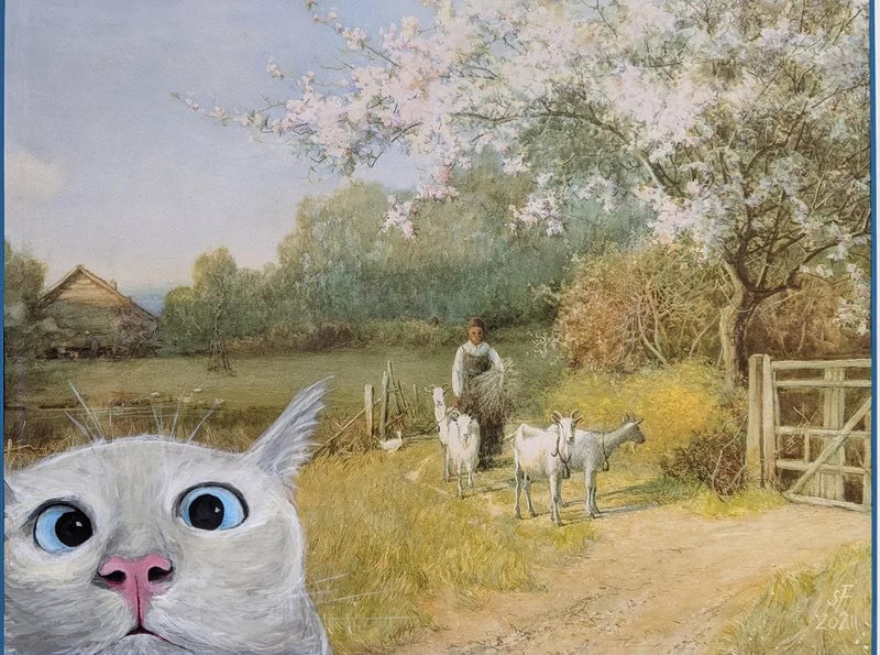 Repainted painting of a rural scene with a woman, goats, and a cat in the foreground.