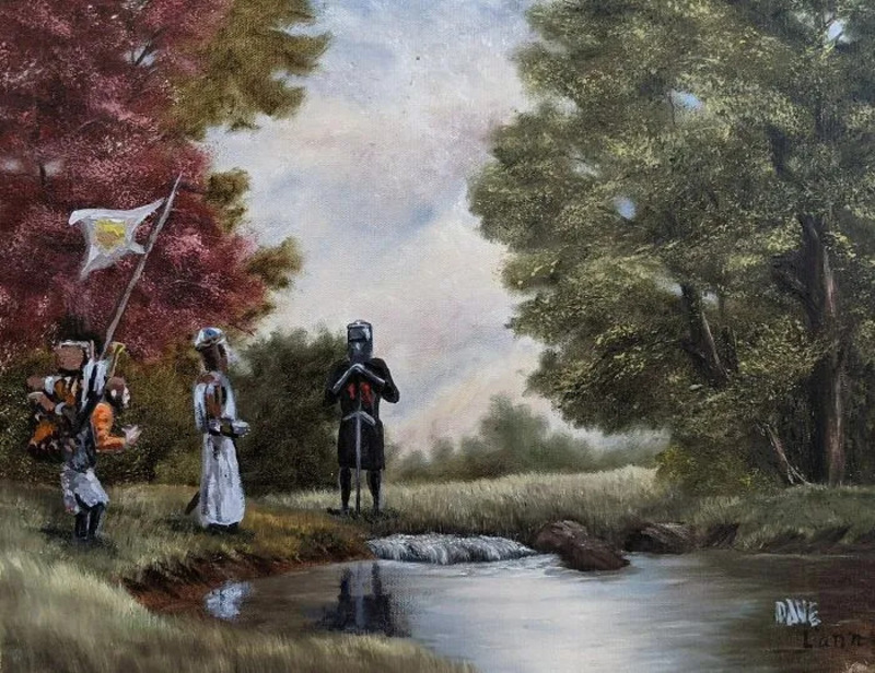 Three children and a woman by a river with trees, one child holding a flag.