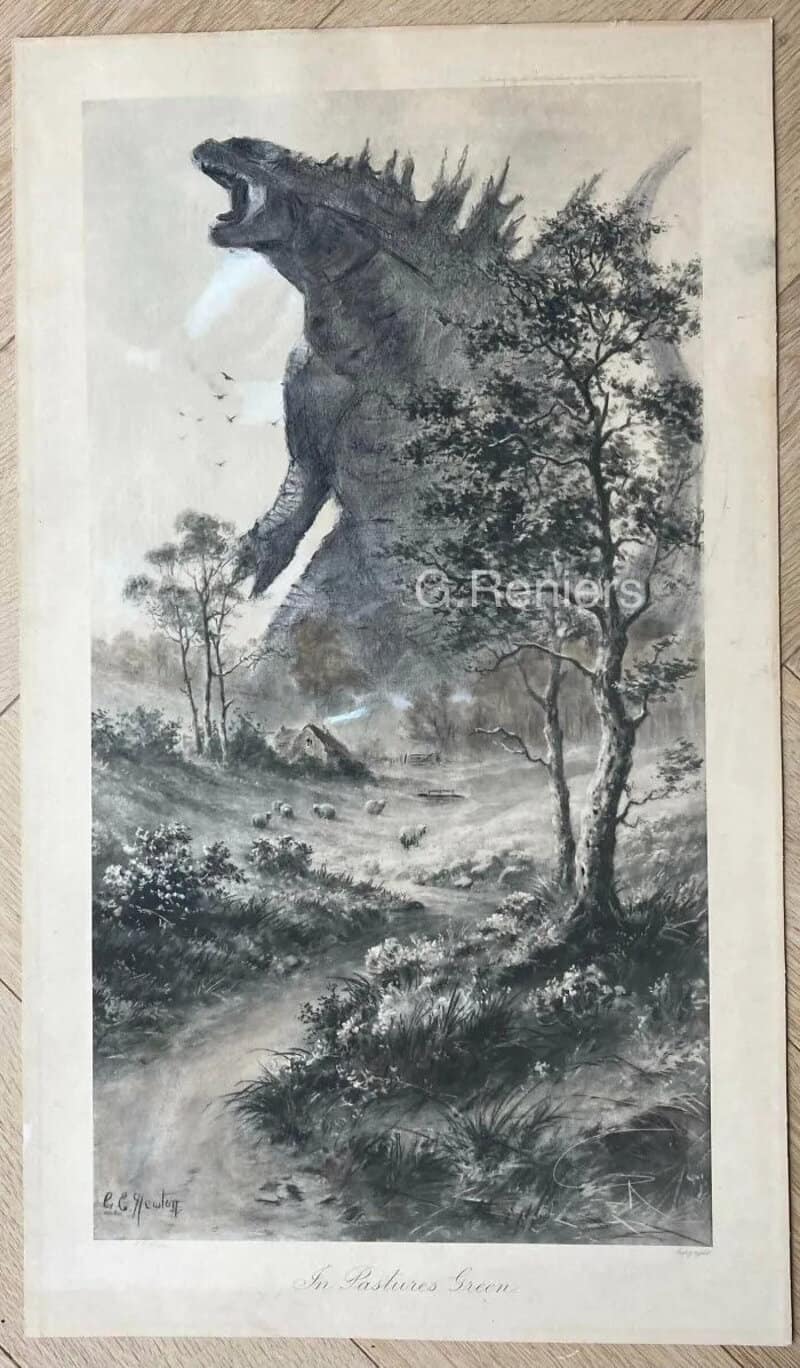 Repainted painting of Godzilla in a natural landscape with trees and mountains.