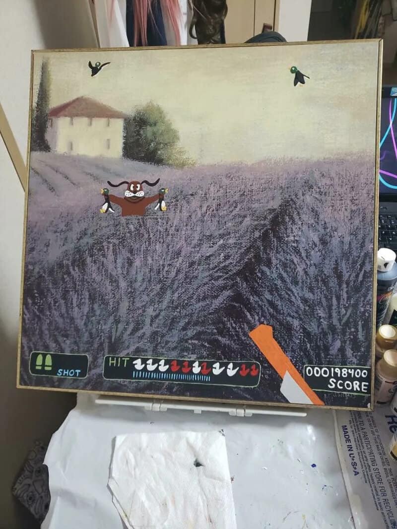 Painting of a lavender field with a house, birds, and a cartoonish bull character.