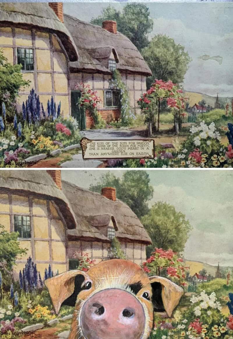 Painting of a cottage garden with a pig in the foreground, and a quote about kindness.