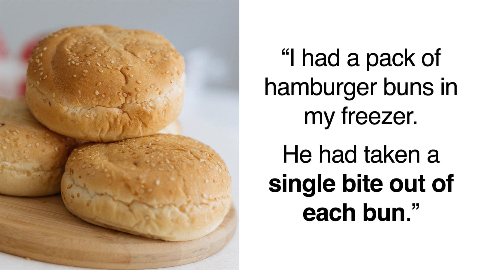 Hamburger buns with a quote about a single bite taken from each.