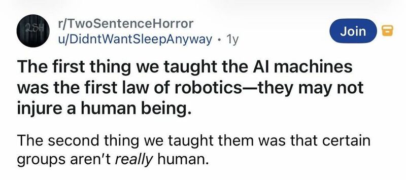 Text from a Reddit post about AI and robotics, mentioning law and human injury.