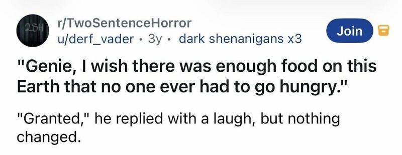 Dark shenanigans with a quote about wishing for enough food on Earth.
