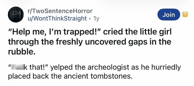 Little girl trapped, crying, with gaps in rubble, archaeologist placing ancient tombstones.