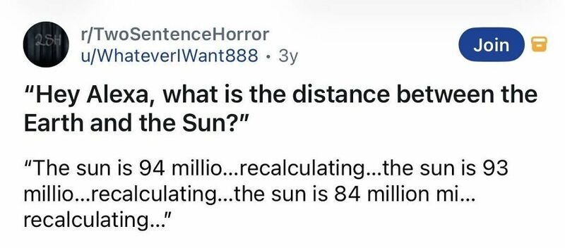 A screenshot of a Reddit post from r/TwoSentenceHorror asking about the distance between Earth and S.