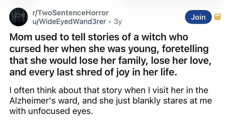 Mom told stories of a witch cursing her, losing family and love, with unfocused eyes.