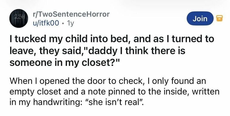 Child asks if there's someone in the closet, note says 'she isn't real'.