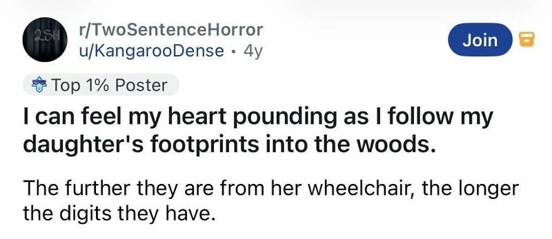 A social media post about feeling heart pounding following daughter's footprints into woods.