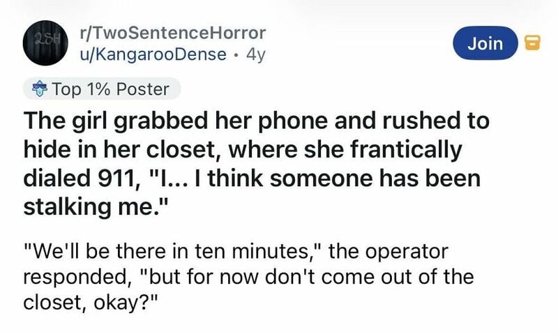 Girl hides in closet after calling 911, fearing stalker, with text from post.