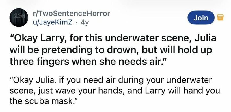 Screenshot of a Reddit post from r/TwoSentenceHorror about underwater scene with Julia pretending to.