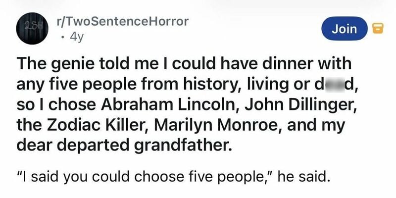 A Reddit post about choosing five people from history for dinner, mentioning Abraham Lincoln and JFK.
