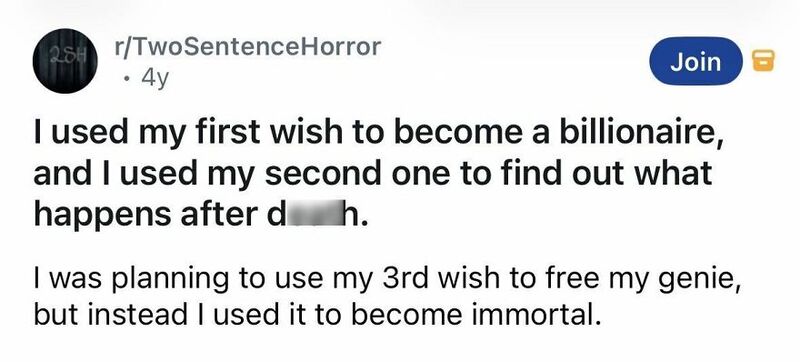A Reddit post about wishes, mentioning becoming a billionaire and immortal.