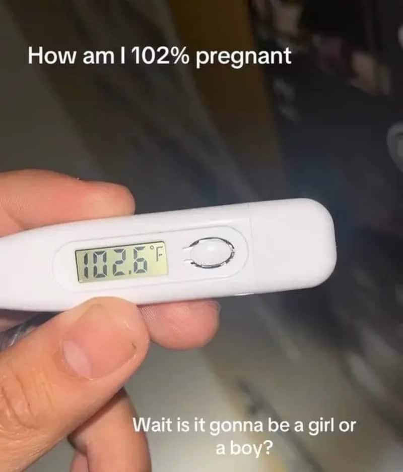 Thermometer showing 102.6°F with text 'How am I 102% pregnant' and 'Wait is it gonna be a girl or a.