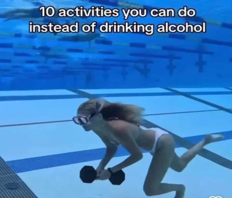 Person underwater with text '10 activities you can do instead of drinking alcohol'.