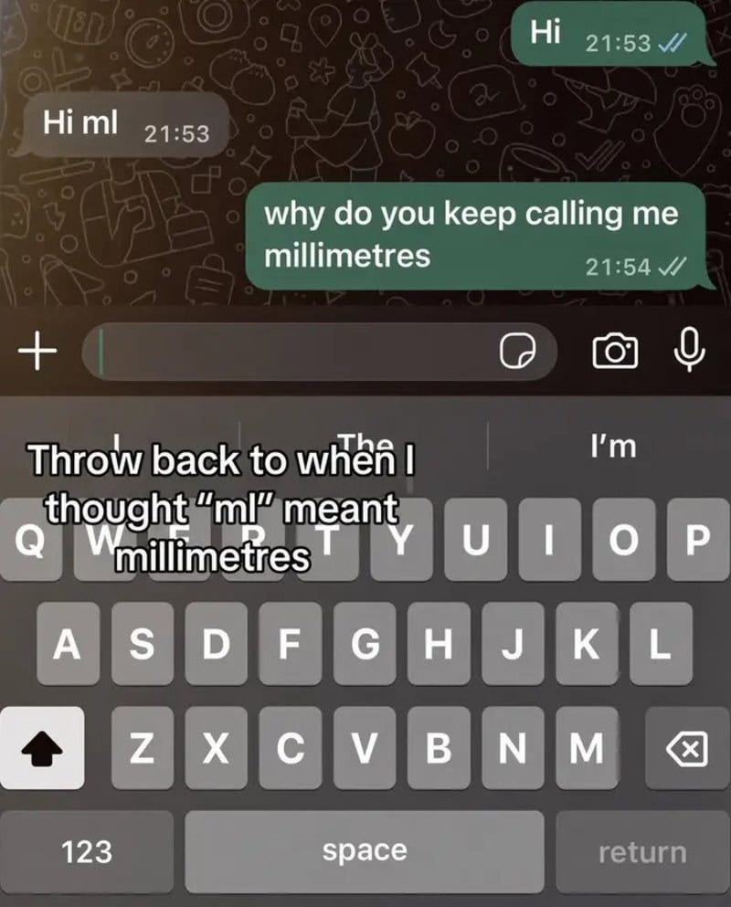 WhatsApp chat showing messages about 'ml' meaning millimetres and calling confusion.